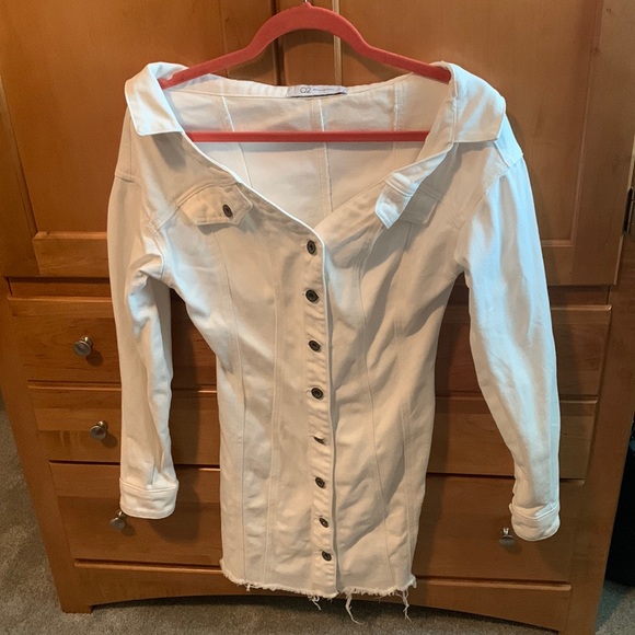 Off the shoulder white jean dress. - Picture 1 of 2
